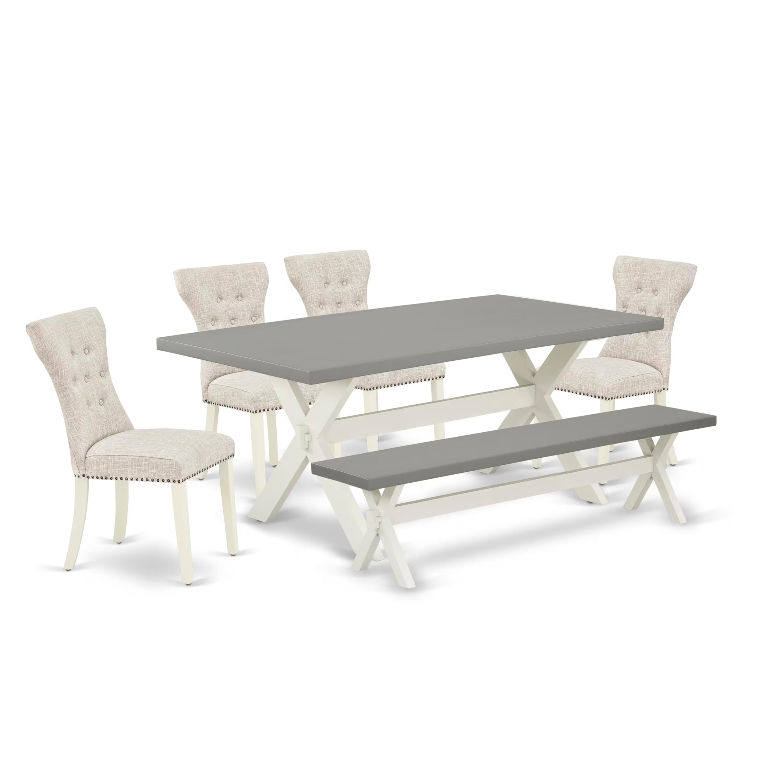 East West Furniture X097Ga235-6 6 Piece Dining Room Table Set Contains A Rectangle Kitchen Table With X-Legs And 4 Doeskin Linen Fabric Parson Chairs With A Bench, 40X72 Inch, Multi-Color